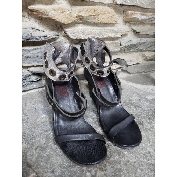 A.S.98 Ankle Strap Snap Button Wedges 41=9.5 Black Silver - Picture 2 of 14